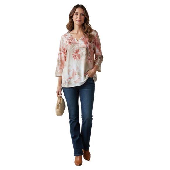 Alfred Dunner Beige & Pink Floral Beaded Applique Top Size XL - Picture 7 of 10